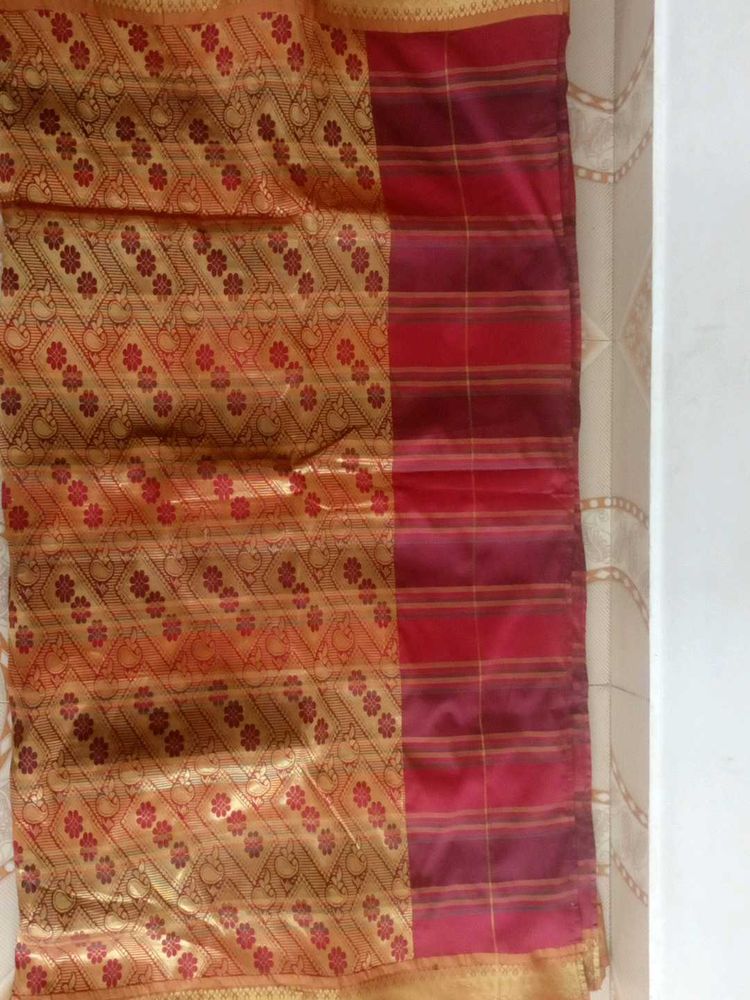 Maroon &amp; Gold Patterned Saree