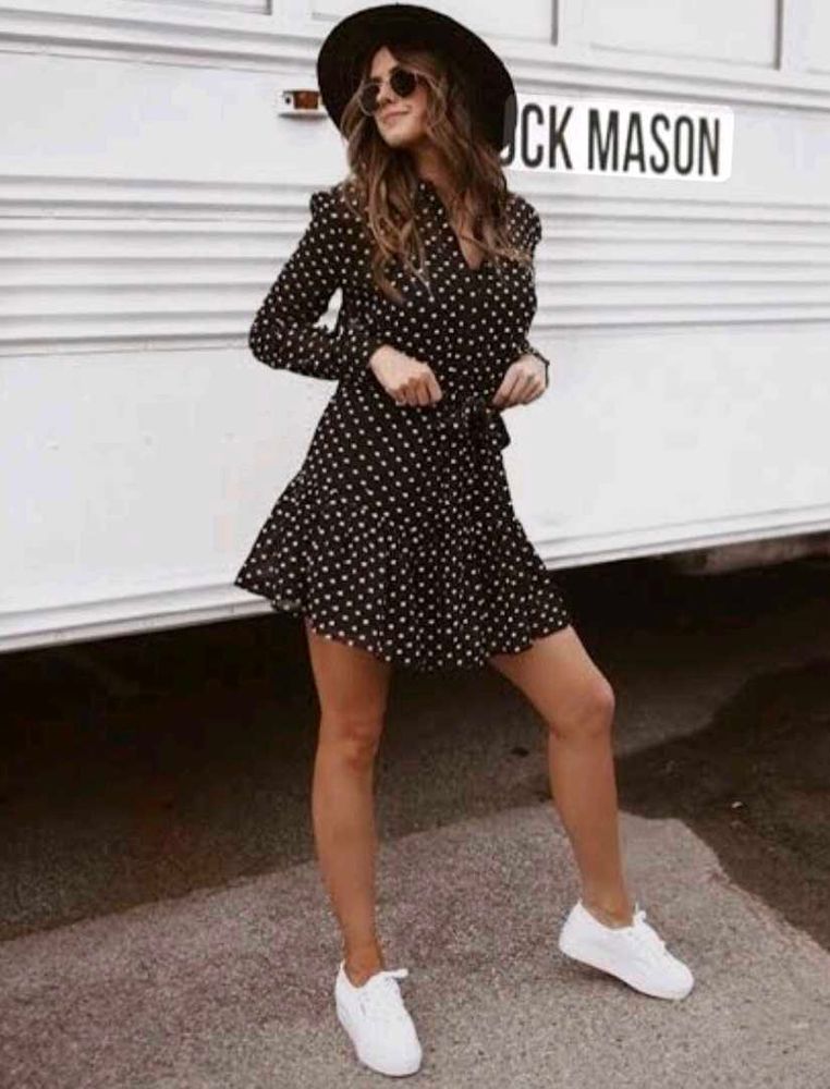 Endless Rose Women Black Polka Dot Dress With Belt