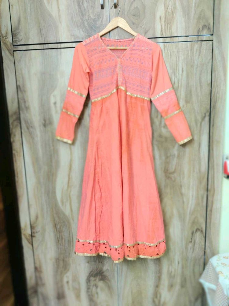 Coral Colour Cotton Long Designer Kurti Size-34