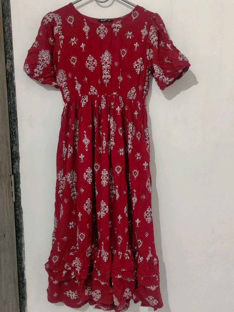 Red Printed Midi Dress