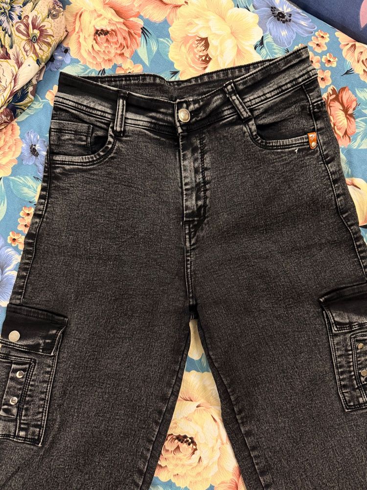 Gray Denim Cargo Pants