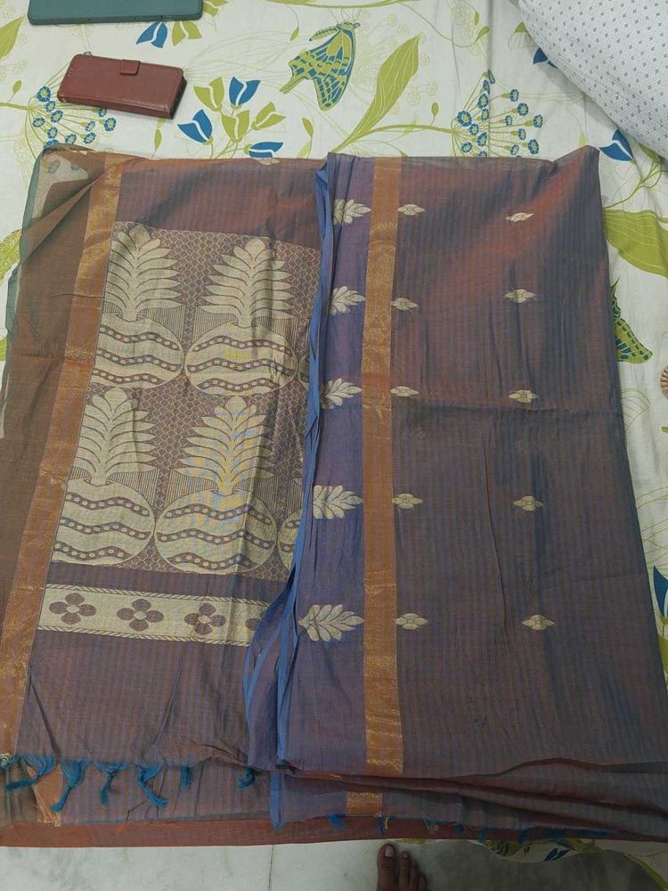 Dual Shade Blue With Work Saree And Without Blouse