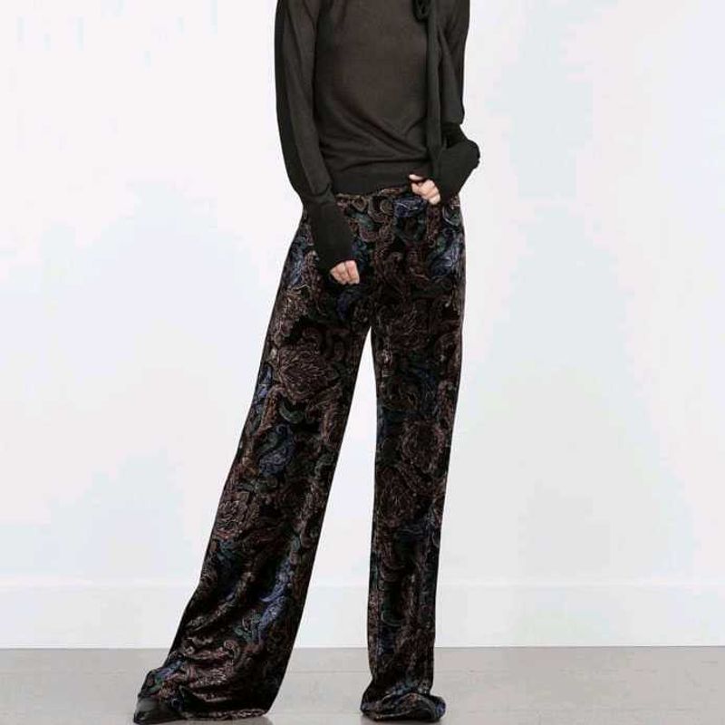 Zara Green Velvet Floral Print Pants