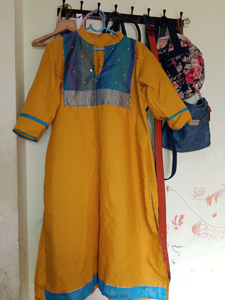 Mustard Yellow Kurti with Blue Accent