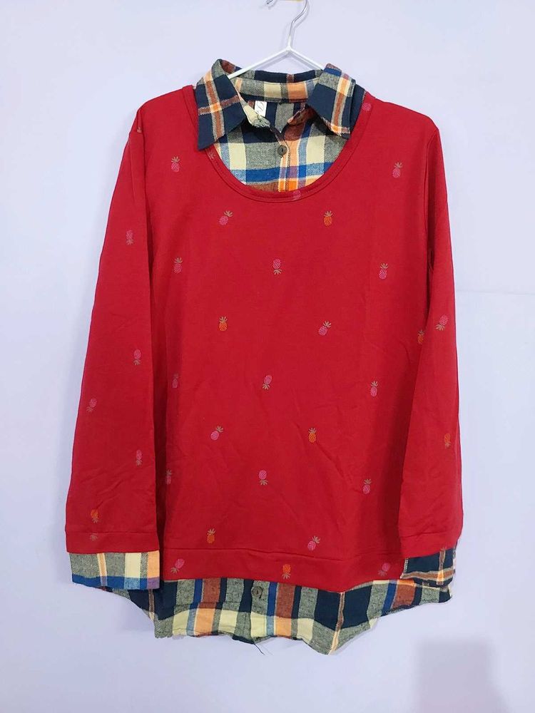 Red Printed Shirt Style Top
