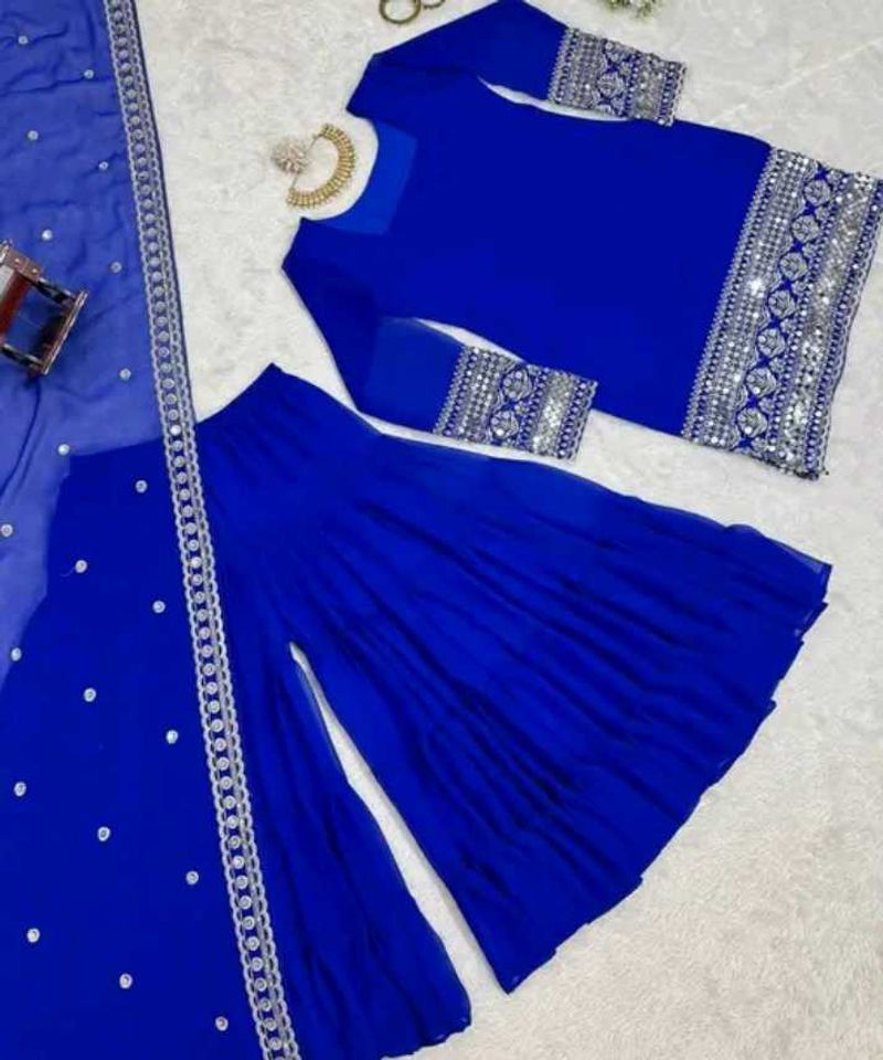 Royal Blue Kurti Sharara With Dupatta.