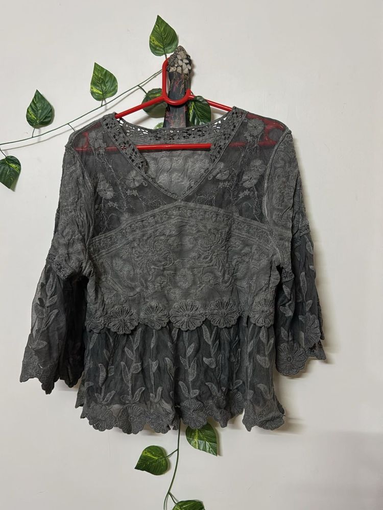 Gray Lace Peplum Top