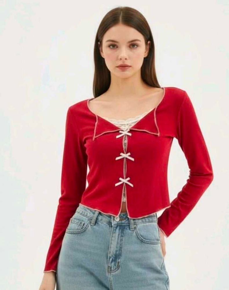 Red Long Sleeve Top with Bows