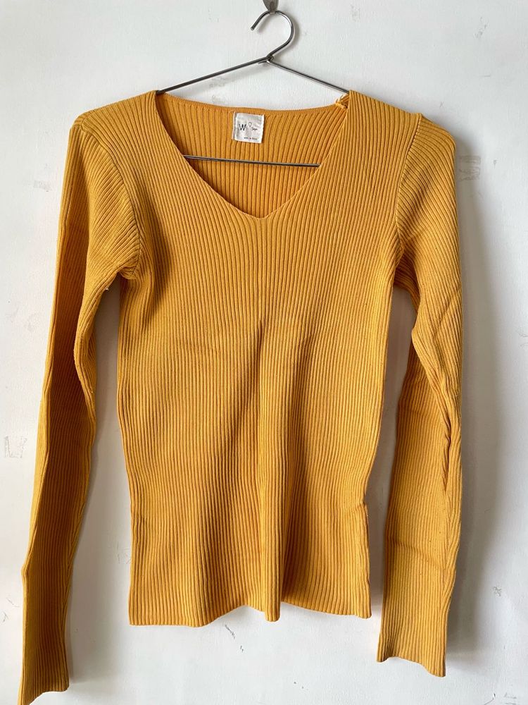 Mustard Ribbed V-Neck Top