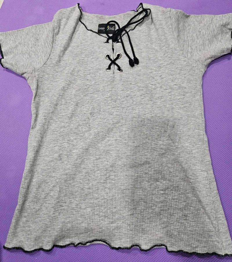 Gray Lace-Up Top