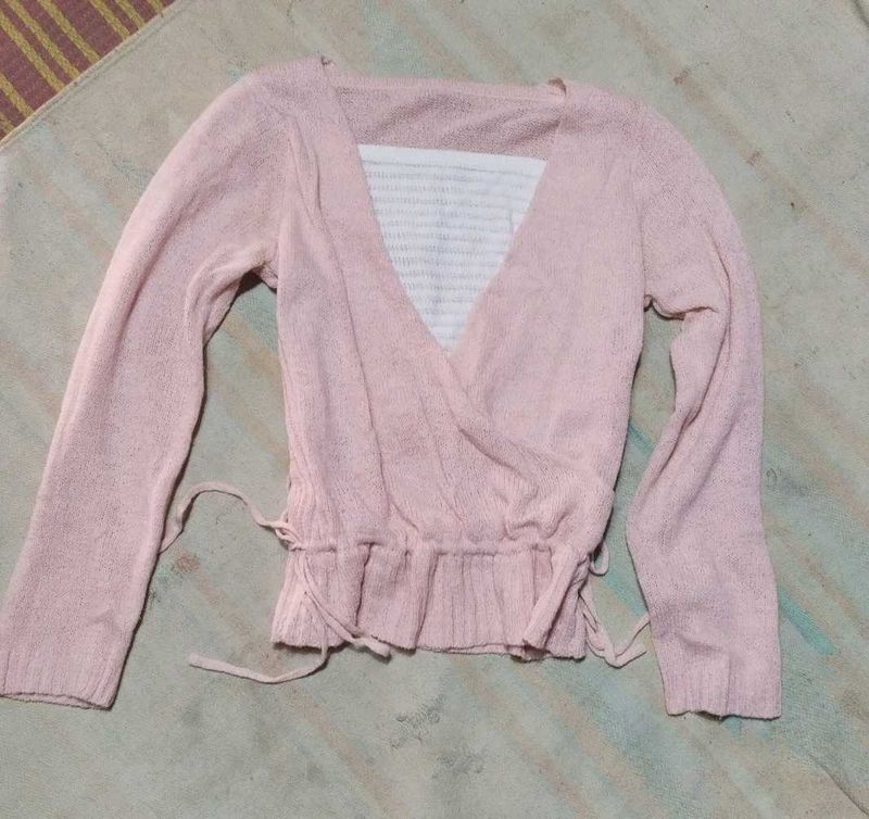 Pink Wrap-Front Long Sleeve Top