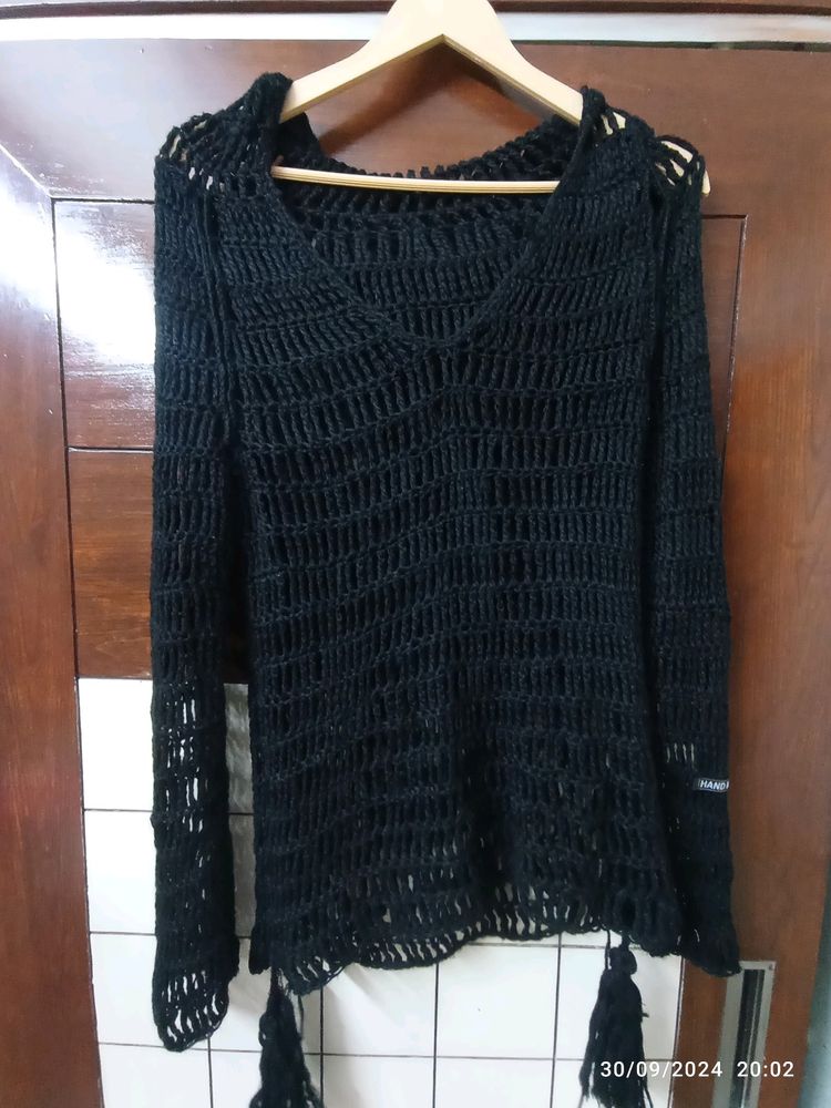 Black Crochet Knit Hoodie