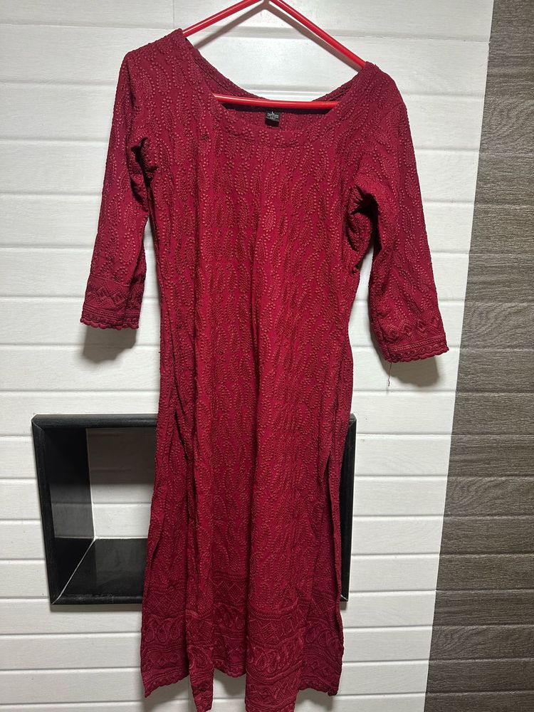 Maroon Cotton Chikankari Everyday Wear Kurta