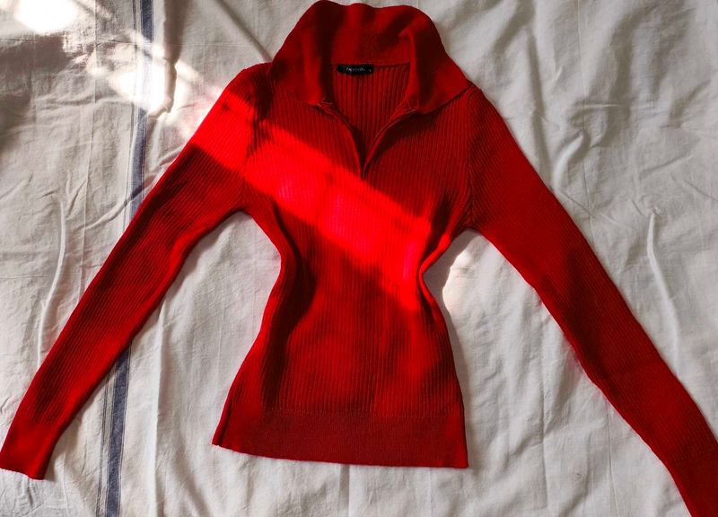 Red Ribbed Knit Polo Top