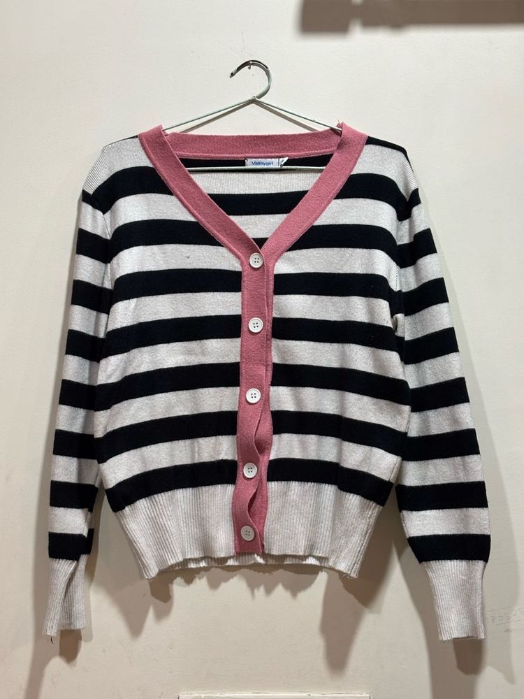 Striped Cardigan with Pink Trim
