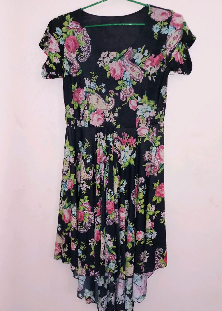 Women's Umberlla Cut Floral Print Black Frock