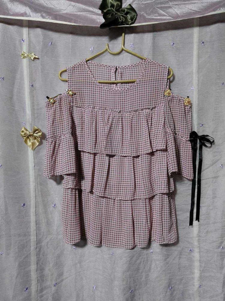 Gingham Ruffle Cold Shoulder Top