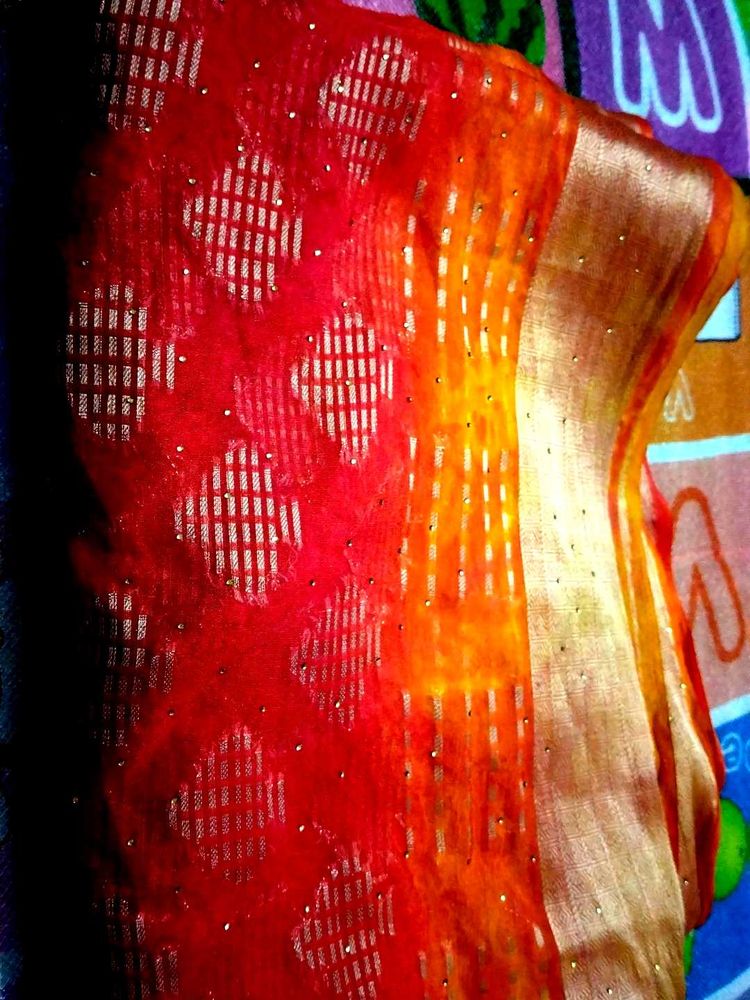Orange &amp; Red Embellished Saree