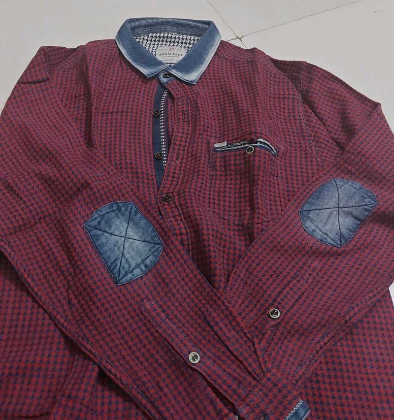 Burgundy Houndstooth Shirt with Denim Accents