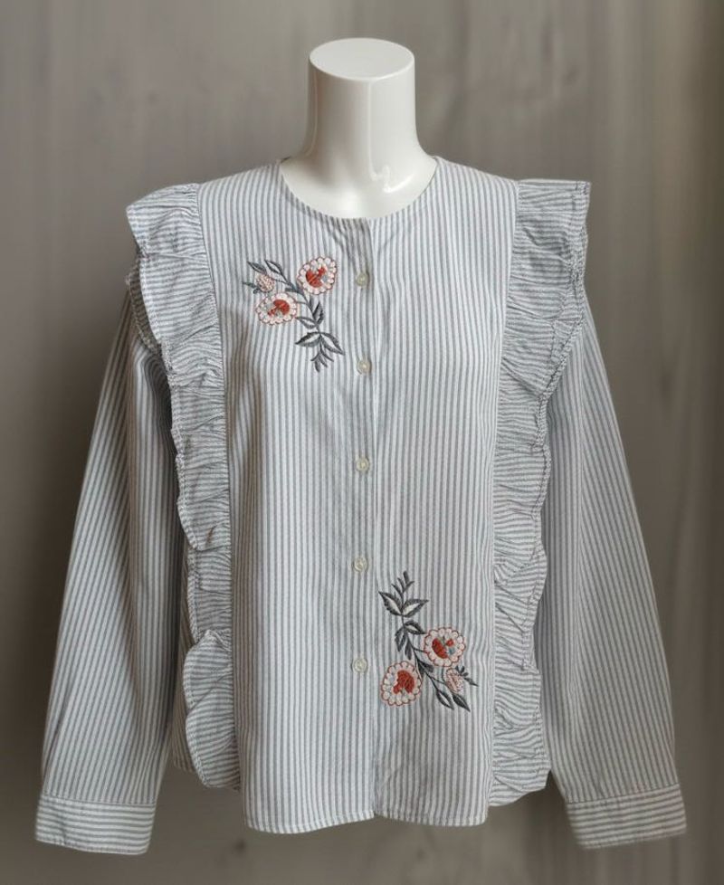 Striped Floral Embroidered Ruffle Shirt