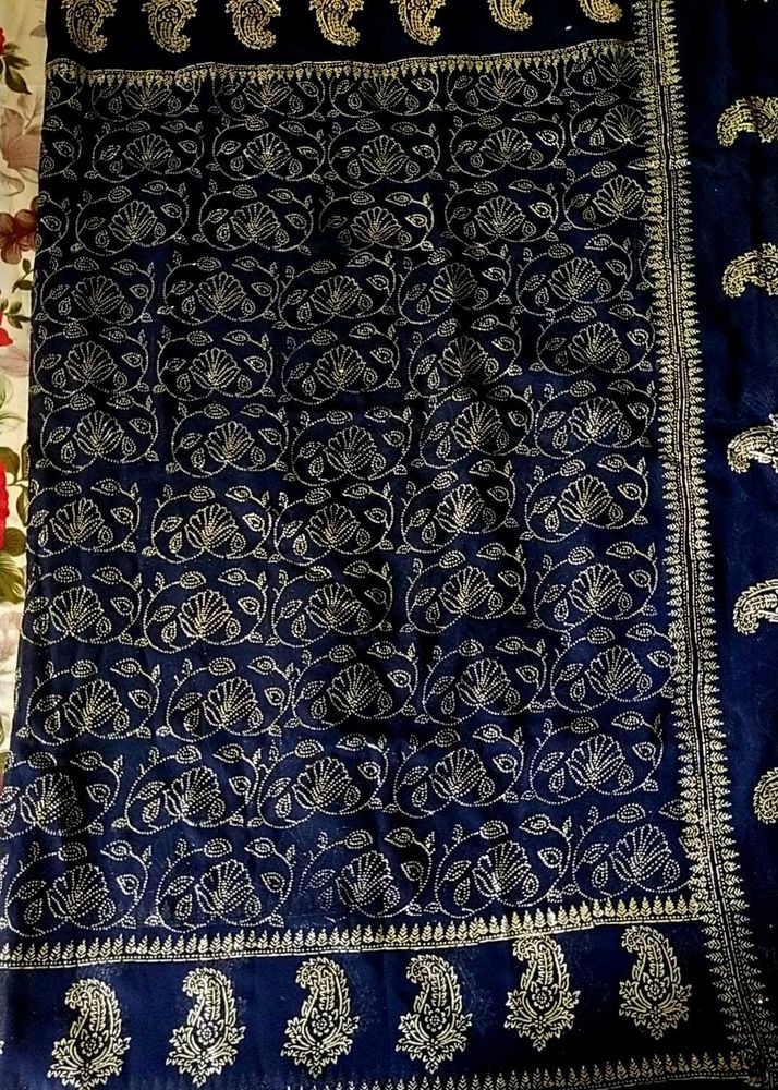 Elegant Navy &amp; Silver Embroidered Fabric New