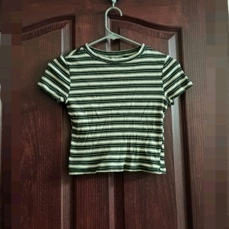 H&amp;M Crop Top Green Black White Striped Divided