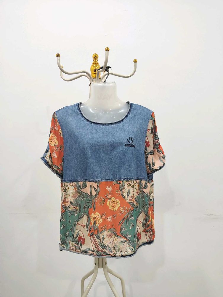 Floral Denim Patch Top