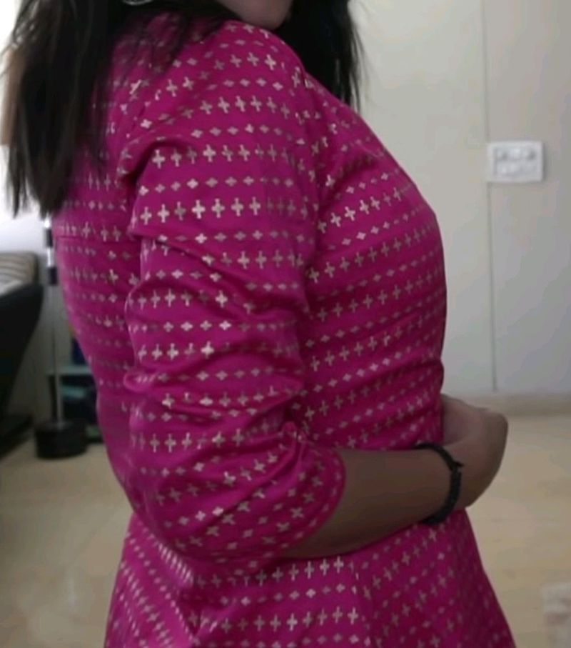 Libas women pink &amp; golden block print layered A-line kurta