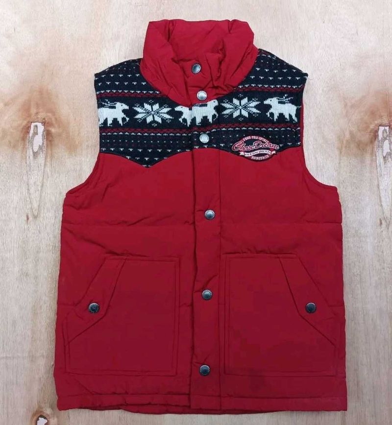 Red Puffer branded Vest with Patterned Yoke