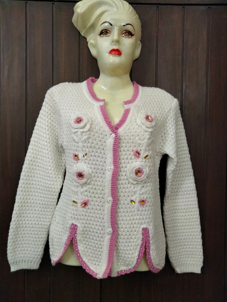 Designer Apple Cut Sweater (White N Pink)