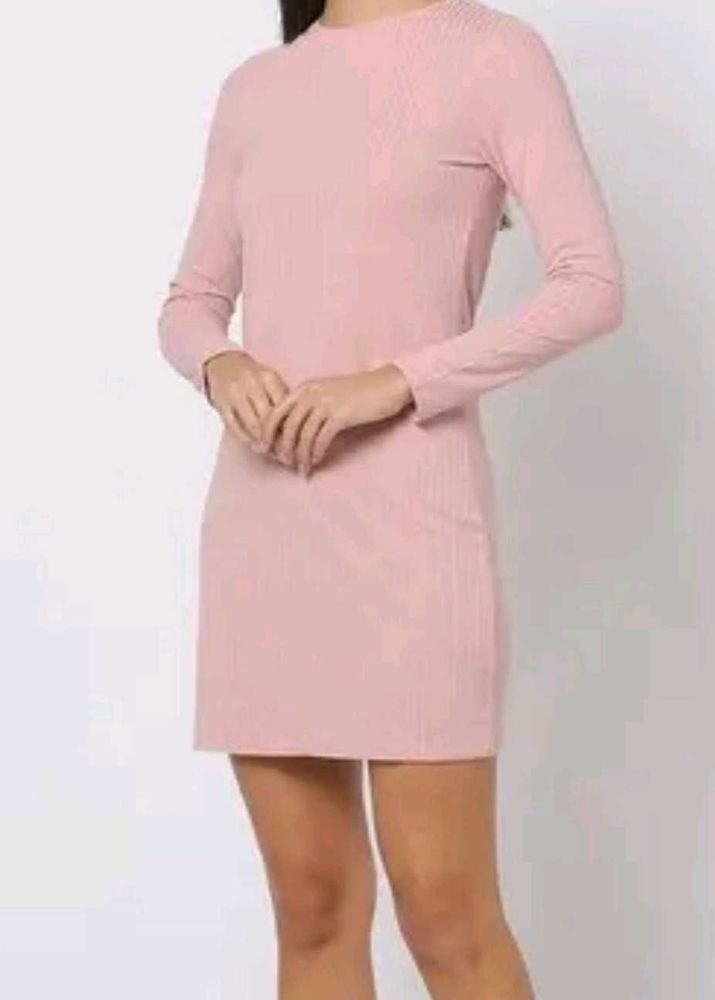 Pink Striped Round Neck Bodycon Dress