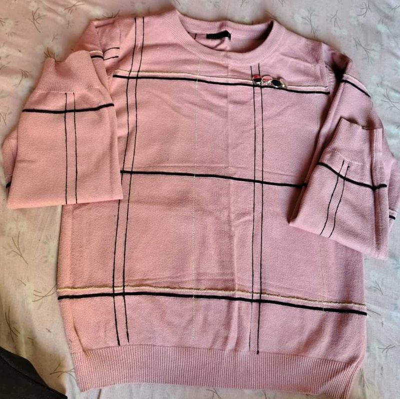 Pink Plaid Knit Sweater