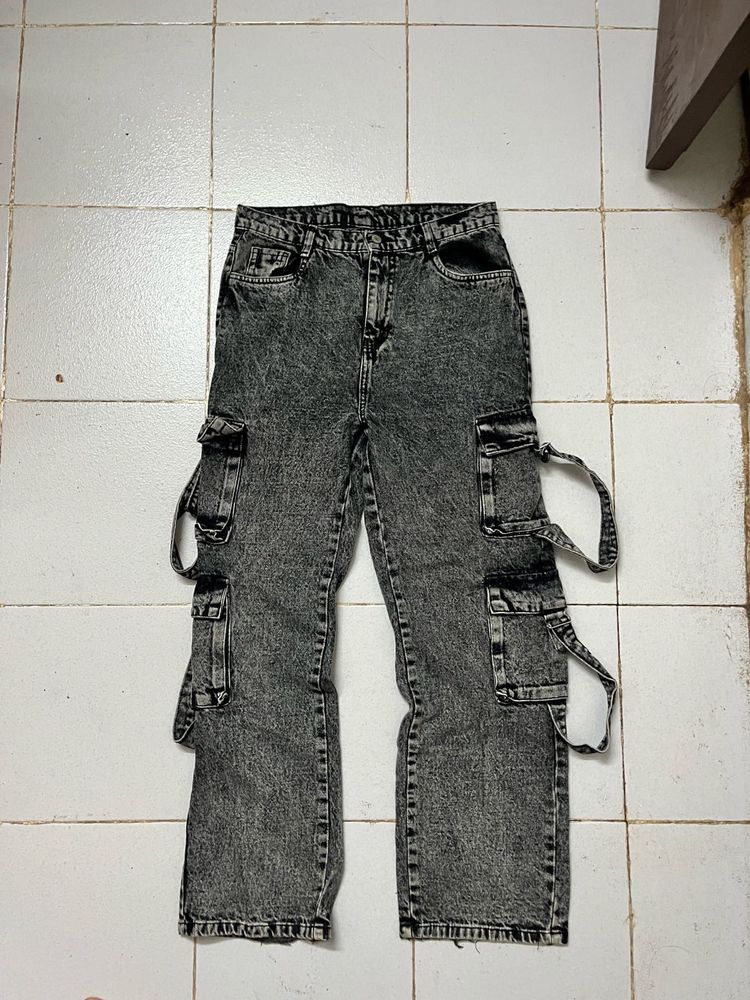 Grey Denim Cargo Pants