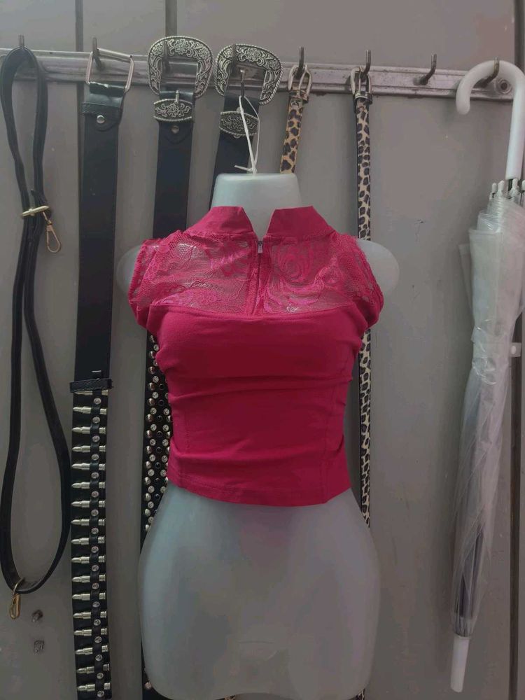 Rose Pink Lace Detail CropTop/blouse