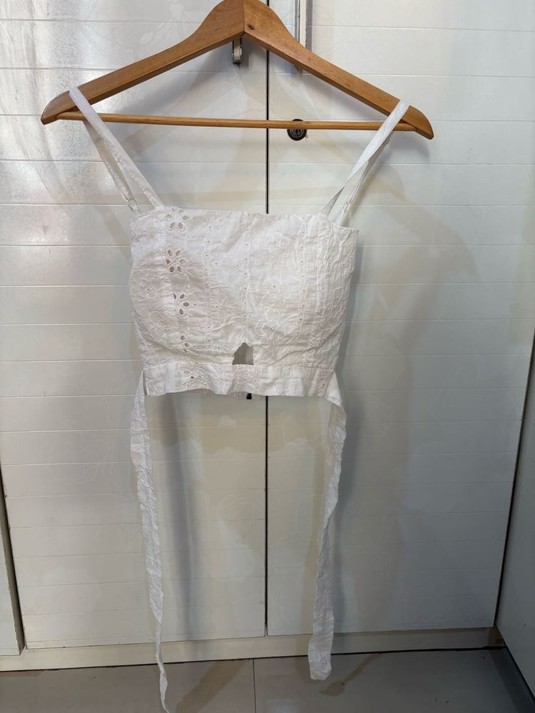 White Eyelet Tie Crop Top