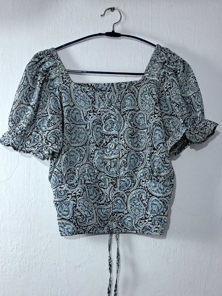 Paisley Puff Sleeve Tie Front Top
