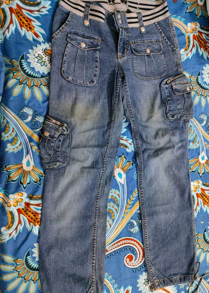 Cargo Jeans with striped waist (Stretchable)