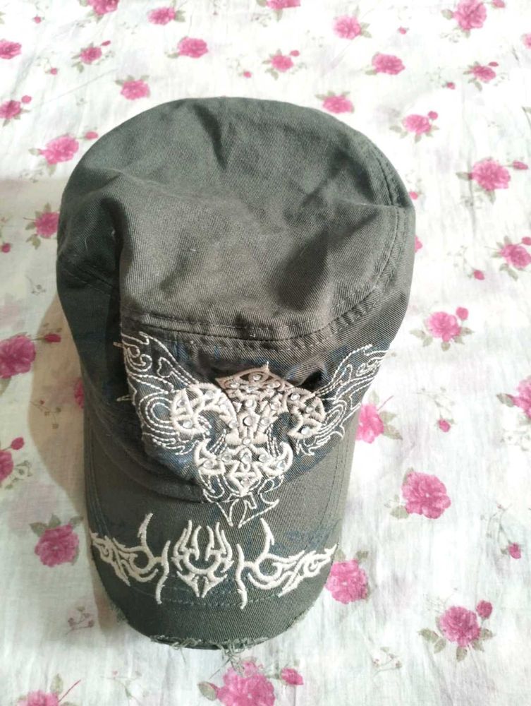 Y2K Olive Green Cap with Embroidery