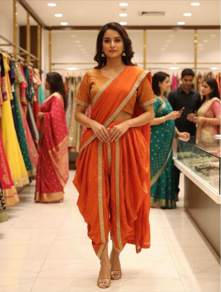 Orange Ethnic Dhoti Saree with blouse 34 Size