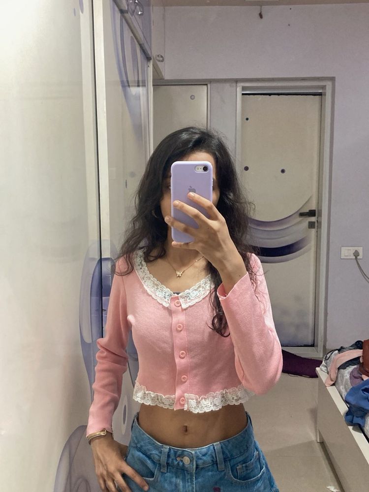 Pink Lace Trim Cardigan