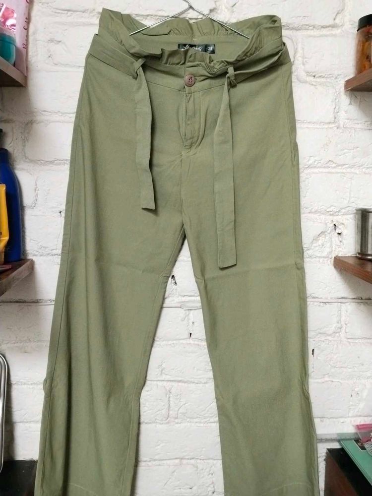Olive Green Belted Wide Leg Pants