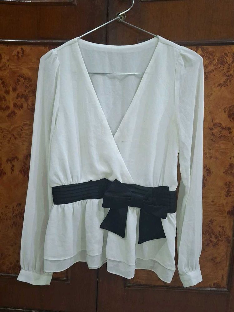 White Wrap Blouse with Bow
