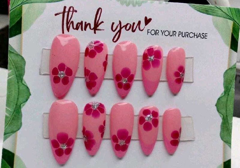 Pink Flower Press-On Nails