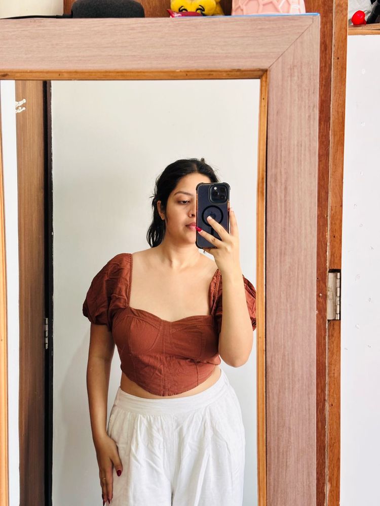 Brown Puff Sleeve Crop Top