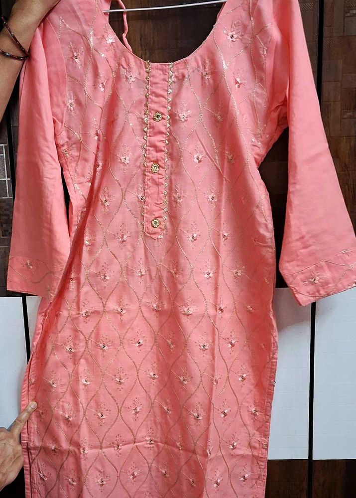 Peach Embroidered Kurta Set With Pant