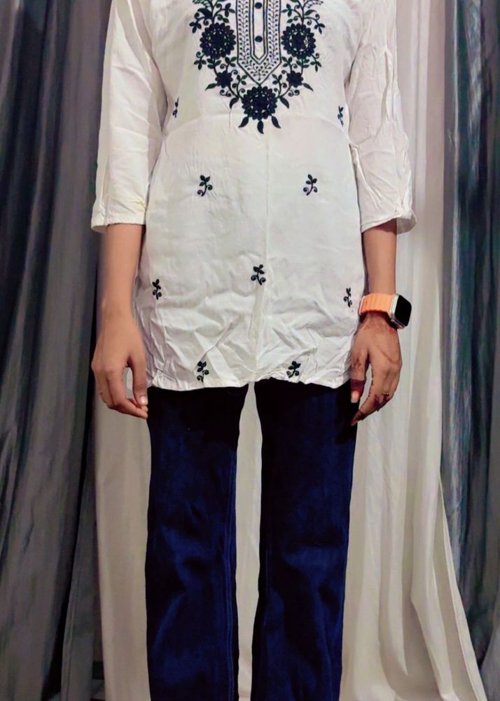 Embroidered White Kurti Top