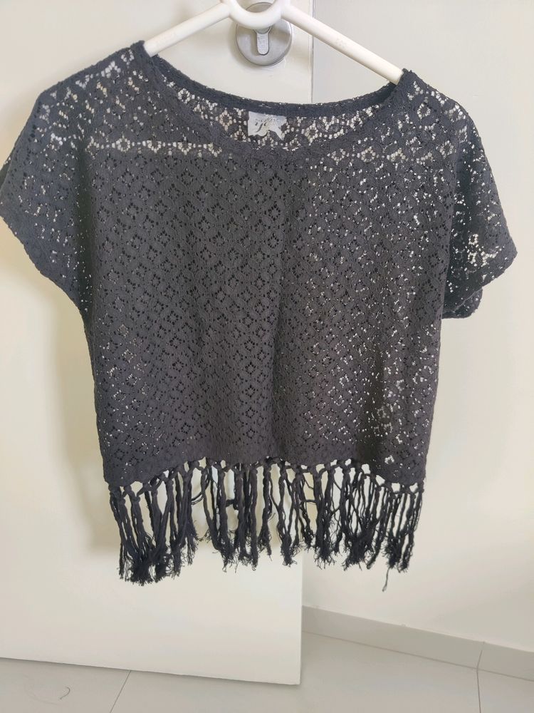 Black Lace Fringe Crop Top