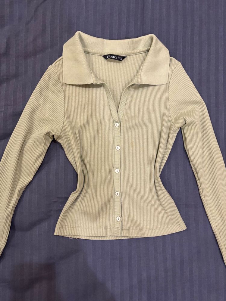 Ribbed Button-Down Top