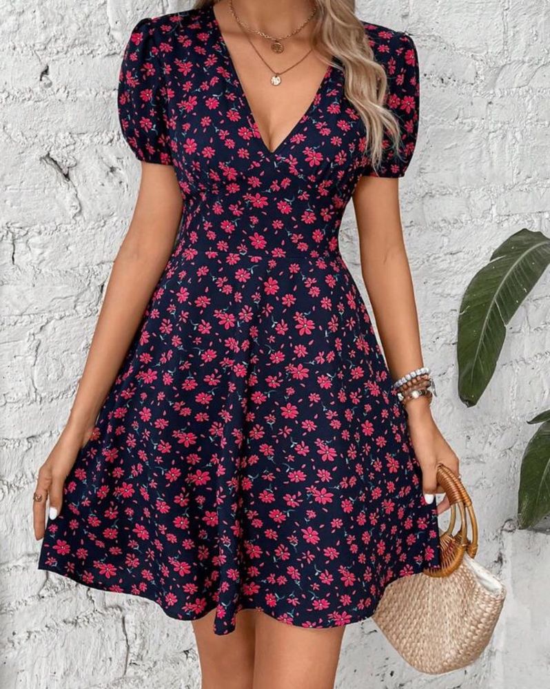 Floral Print V-Neck Mini Dress