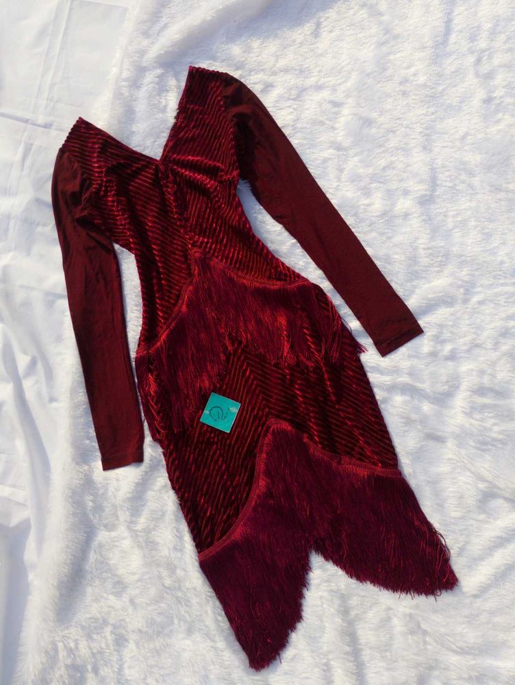 ❤️‍🔥Burgundy Velvet Fringe Dress❤️‍🔥
